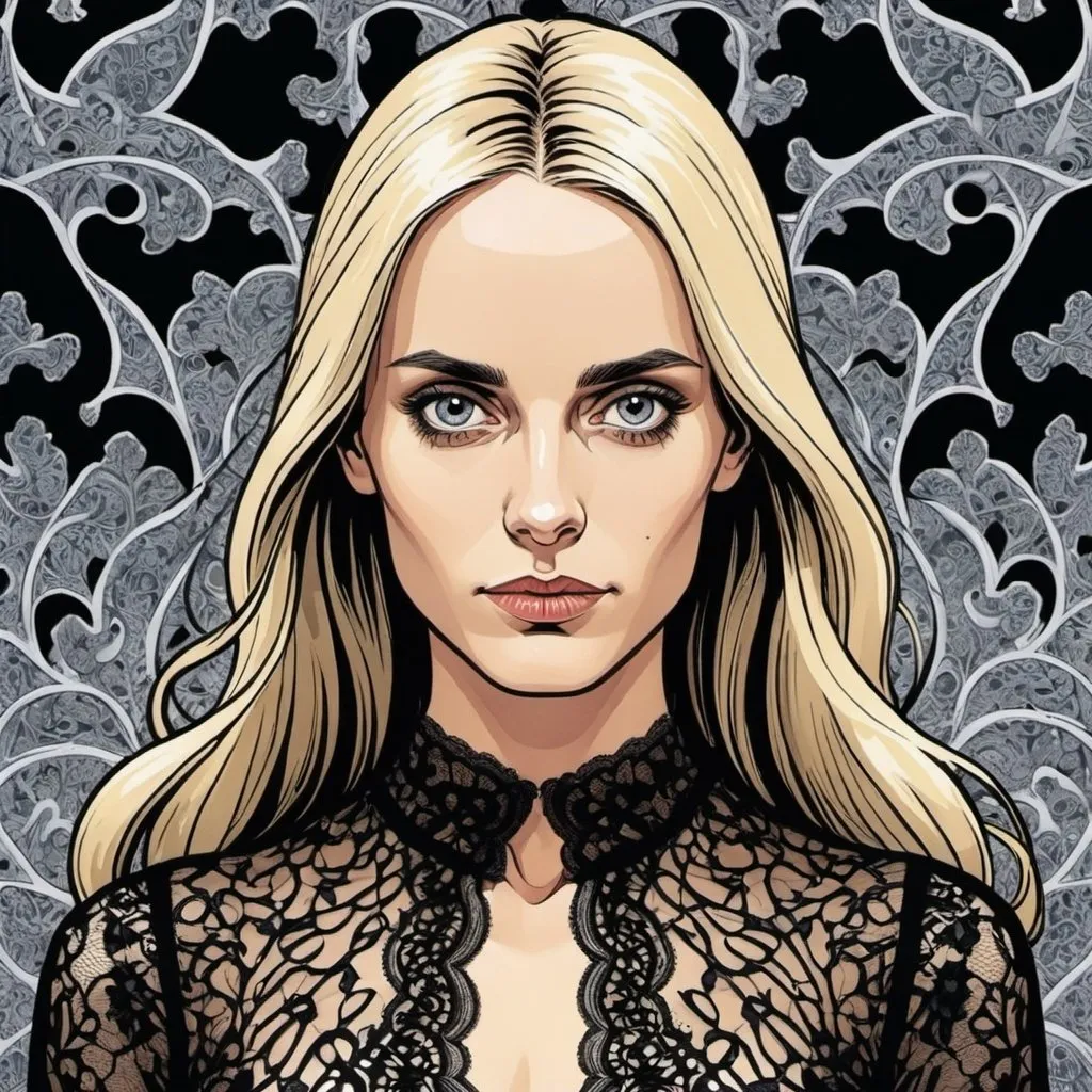 Prompt: Colored Graphic novel style , comic book cover, black lace dress, face of sofia helin,  long and extreme straight hair , M.c.escher 
