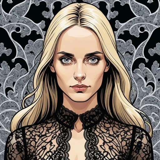 Prompt: Colored Graphic novel style , comic book cover, black lace dress, face of sofia helin,  long and extreme straight hair , M.c.escher 