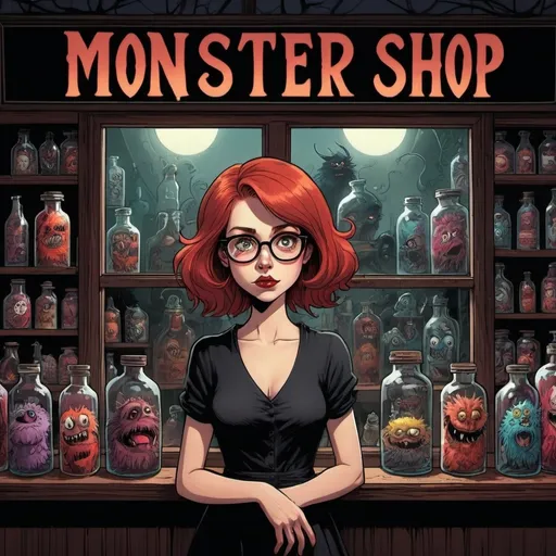 Prompt: (Graphic novel style), (vector art), (Will Eisner style), a woman with glasses and black garment, upper body view in a dimly lit shop, weird red hair , surrounded by fluffy sweet monsters in glass bottles, vibrant colors juxtaposed with a dark atmosphere, large sign with inscription "(accurately spelled text 'monster shop')" looming above,  window , whimsical and eerie ambiance, intricate details, (high quality) 4K.