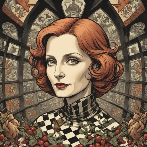 Prompt: style of M.c.escher, colored,  four stories high,  a mid-age woman face of greta garbo, proud face expression, windows ,  chess,  insects , cherries , art nouveau wallpaper, dark and stormy atmosphere