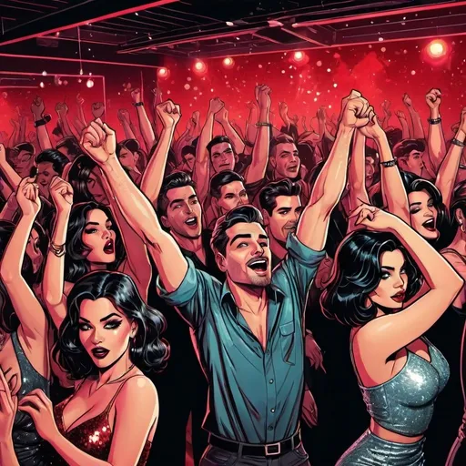 Prompt: Graphic novel illustration, a lot of  people dancing wild in a modern club on dancefloor with arms up in the air, looking to camera , red lighting,  2020s , glamorous sequin outfits , tattoos , graphic novel illustration , detailed facial features, detailed eyes , high contrast, dark and moody colors, professional, expressive eyes, atmospheric lighting,  detailed, dark colors, dramatic, graphic novel illustration,  2d shaded retro comic book