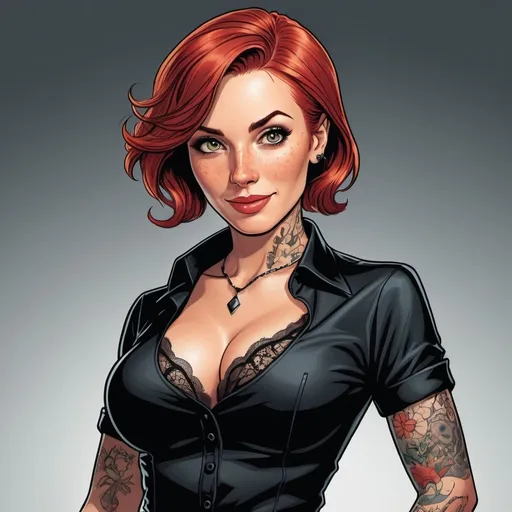 Prompt: M.c.Escher style,  graphic novel style,  vector style, colored , 35-years-old red haired woman with black shiny unbuttoned lace shirt with cleavage , freckles , belly button, tattoos,  short and straight hair, diabolic smile