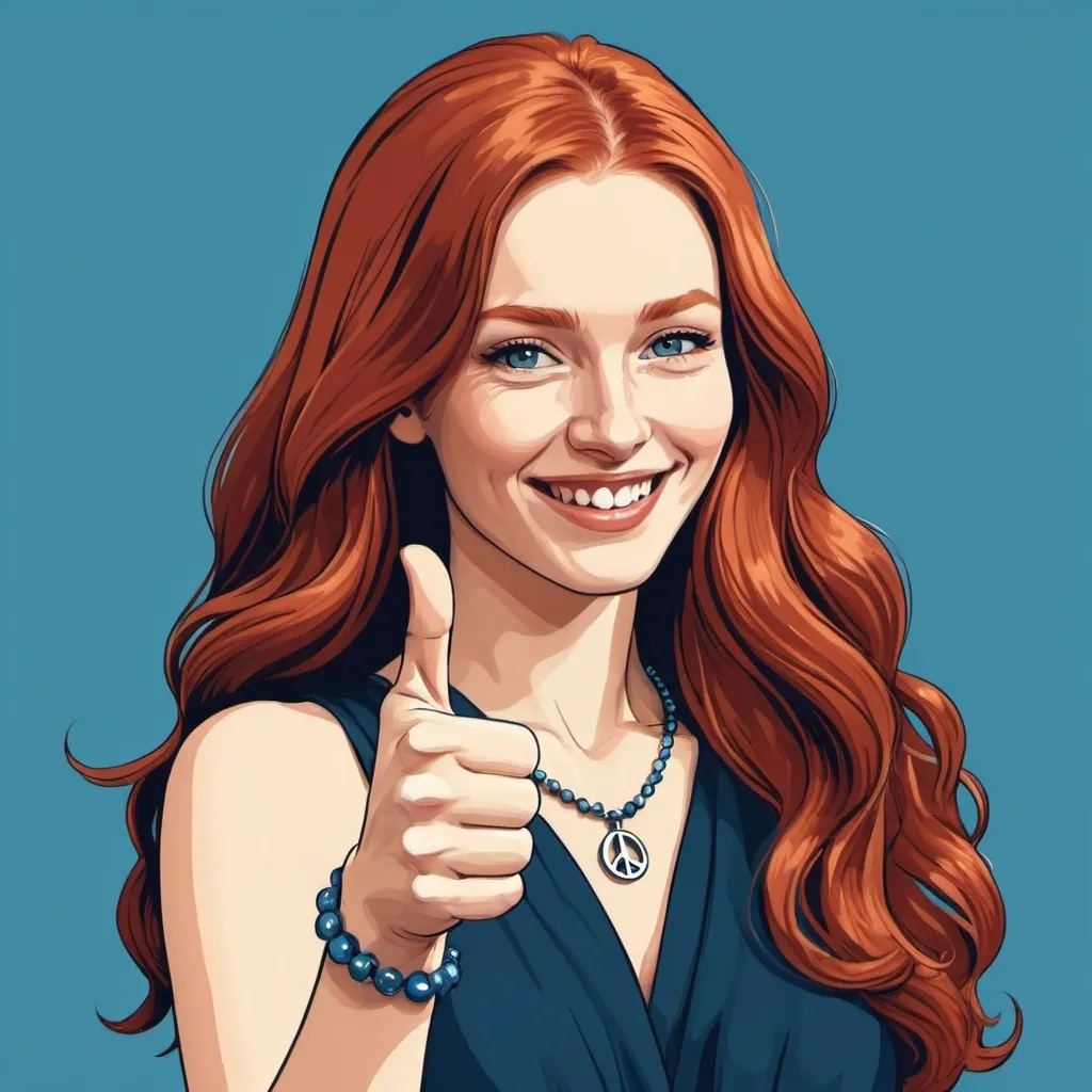 Prompt: Grapgic novel style , digital vector style, colored,  A redheaded woman in a dress showing thumb up with thumb of left hand,  smiling ,   long and extreme straight hair ,  neclace with peace-symbol , monochrome blue background , detailed 