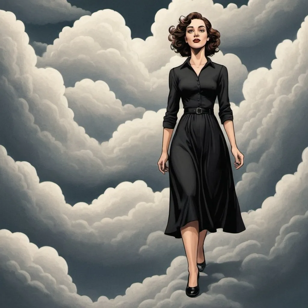 Prompt: Will Eisner-style,  Graphic novel illustration, color , graphic novel style,  vector style,  a beautiful  30-year-old woman in black dress  walking on clouds , m.c.escher 