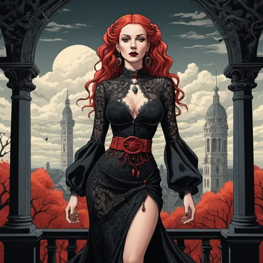 Prompt: Graphic novel style,  vector art style , surrealistic art , surreal ,  m.c escher , full body view,  35-year-old vampire woman with straight red hair with braids , wearing an ancient black lace garment with cleavage and a red belt, red lips, clouds , trees , tower, spider,   round earrings, dark eyelashes, necklace, diabolic smile, high-quality, image in vector style, digital art, detailed features, elegant pose, vibrant colors, professional 