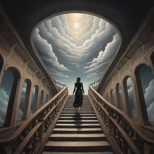 Prompt: M.C. Escher-inspired infinite hall with a woman in black dress, walking down the stairs, looking towards camera, stairs, sky, clouds, colored, professional, detailed woman, surreal, infinite perspective, atmospheric lighting