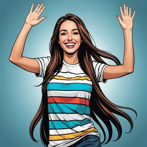 Prompt: Graphic novel style, colored,  portrait of a woman with very big smile , long nose ,  long and extreme straight hair , waving hands , colorful t-shirt with stripes