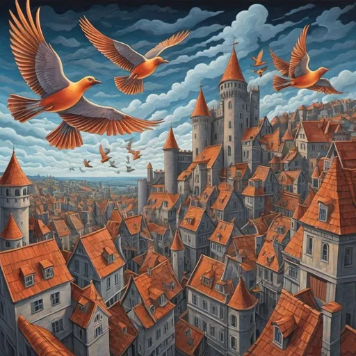 Prompt: Colored oil painting of a birds in sky in M.C. Escher style, detailed vector art , heaven , houses , castle , highres, detailed, M.C. Escher style ,vector art, detailed, colored,  , heaven, detailed