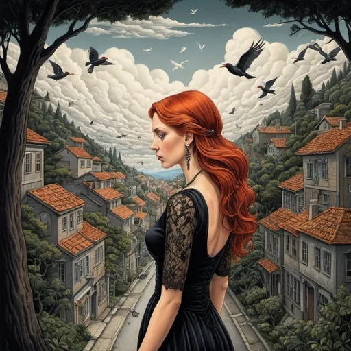 Prompt: Colored oil painting of a landscape in M.C. Escher style, redheaded 
 woman standing on street in black lace dress with cleavage, very long and extreme staight hair,  neclace,  earrings, Long eyelashes,  long nose , detailed vector art , trees , birds ,   heaven , clouds ,  houses , highres, detailed, M.C. Escher style  , vector art, detailed, colored, heaven, detailed