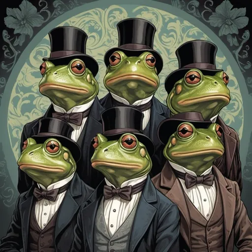 Prompt: M.c.Escher style,  graphic novel style , vector art, a group of five frogs with victorian clothes