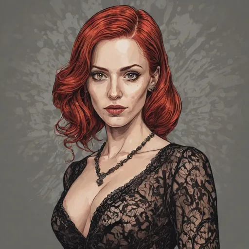 Prompt: M.c.Escher inspired,  graphic novel style , vector art style , 40-year-old woman with black lace dress with red hair , face of sofia helin,  pleated skirt , cleavage, neclace , long and extreme straight hair 