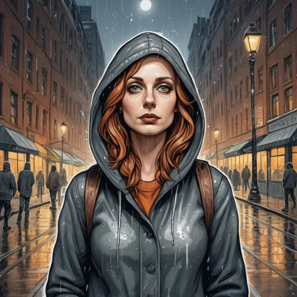 Prompt:  M.c.escher style,  m.c.escher inspired,  graphic novel style,  vector art, full body , colored illustration of a 35-year-old woman, face of greta garbo, runny Make-up, smudged makeup ,street lamps , hoodie, raindrops from her nose, walking through city street , hands in Pocket,   night scene, surreal atmosphere, detailed patterns, high quality, intricate, artistic, surreal, colored, detailed raindrops, intricate patterns, surreal atmosphere