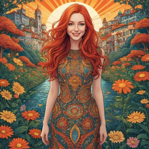 Prompt: (vector style) (full body of a 30-year-old woman), alluring smile, long extreme straight red hair, intricate patterns inspired by Hundertwasser and M.C. Escher, wearing a stylish floating dress with interesting contours, citytreet,  sun shine , flowers , trees , surreal geometric elements in the background, vibrant colors, dynamic composition, whimsical atmosphere, (highly detailed), eye-catching design.