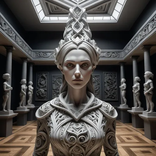 Prompt: M.C. Escher-inspired 3D rendering of a stunning 35-year-old woman statue in Museum, intricate, mind-bending museum,  surreal lighting, high definition, detailed features, surrealism, 3D rendering, beauty, Escher-inspired, surreal museum,  detailed sculpture, surreal lighting, high definition