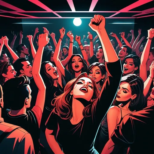 Prompt: Graphic novel illustration, a lot of  people dancing wild in a modern club on dancefloor with arms up in the air, red lighting,  2020s , cool outfits , graphic novel illustration , detailed facial features, detailed eyes , high contrast, dark and moody colors, professional, expressive eyes, atmospheric lighting,  detailed, dark colors, dramatic, graphic novel illustration,  2d shaded retro comic book