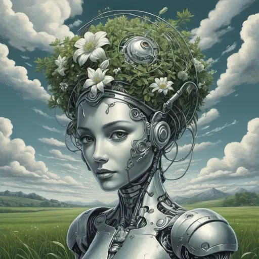 Prompt: M.c.escher style,  a monochrome silver colored robot woman with gras and flowers in head in a infinite green field , clouds   blue sky