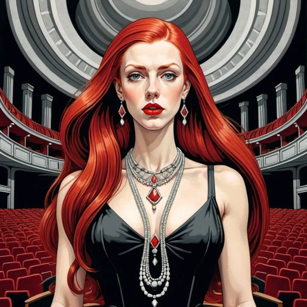 Prompt:  M.c.escher art style,  a redheaded woman standing on an Opera stage ,  long and extreme straight hair,  red lips , neclace 