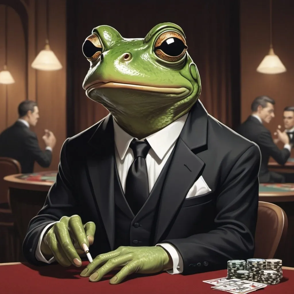 Prompt: M.c.Escher style,  graphic novel style , vector art, color, one single frog with a monocle wearing a black jacket , a black tie and a white shirt with cigarette sitting on table on a Casino 