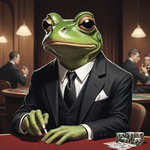 Prompt: M.c.Escher style,  graphic novel style , vector art, color, one single frog with a monocle wearing a black jacket , a black tie and a white shirt with cigarette sitting on table on a Casino 