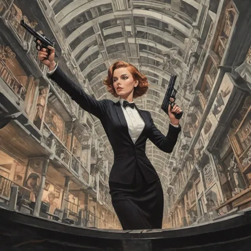 Prompt: M.c.Escher inspired james-bond-like movie poster, graphic novelstyle , color, a female James bond in james-bond-pose wirh gun 