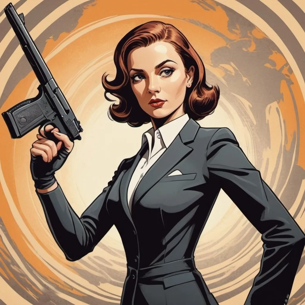 Prompt: M.c.Escher inspired,  graphic novel style , vector art, color, a female James bond in bond-pose wirh gun , 60s comic book style