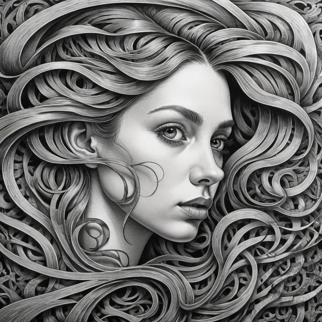 Prompt: M.C. Escher-style portrait of a woman's face with intricately detailed flowing hair, black and white pen drawing, surreal optical illusions, high contrast, detailed linework, surreal, mind-bending, intricate patterns, expertly shaded, high quality