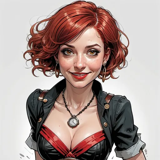 Prompt: Comic book style , cartoon , Very beautiful 30-year-old Lady, very Short red hair, big Nose, black pleated dress, cleavage, pleated skirt, red belt, red lips, neclace, earrings, red Shoes, dark eyelashes, smiling, amorouse Facial expression, full body view,  Looking up at the Camera From below , white background,  Cartoon Illustration, thick line art, soul, digital illustration, comic book style, steampunk noir, perfect anatomy, approaching perfection, dynamic, highly detailed, soft, sharp focus, illustration, art by Carne Griffiths and Wadim Kashin