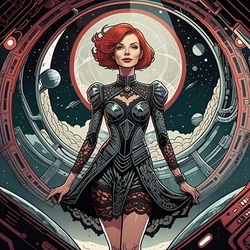 Prompt: Detailed graphic novel illustration of a 40-year-old redheaded space lady , floating , full body , short hair , standing on surface of weird surreal planet, diabolic smile , futuristic lace dress with skirt, cleavage,  detailed lace , boots ,  futuristic haircut , weightlessness ,  intricate lace details, vibrant red hair, space technology, red lighting, professional illustration, intricate line work and shading, highres, ultra-detailed, sci-fi, graphic novel, futuristic, lace outfit, spaceship interior, perpetuum mobile, red hair, detailed illustration, vibrant colors, high-tech, futuristic setting, atmospheric lighting