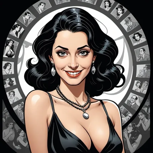 Prompt: Will eisner style,  graphic novel style,  vector art style , a blackhaired woman , face of Michel  keagan , black dress, smile ,cleavage, neclace , M.c.escher inspired 
