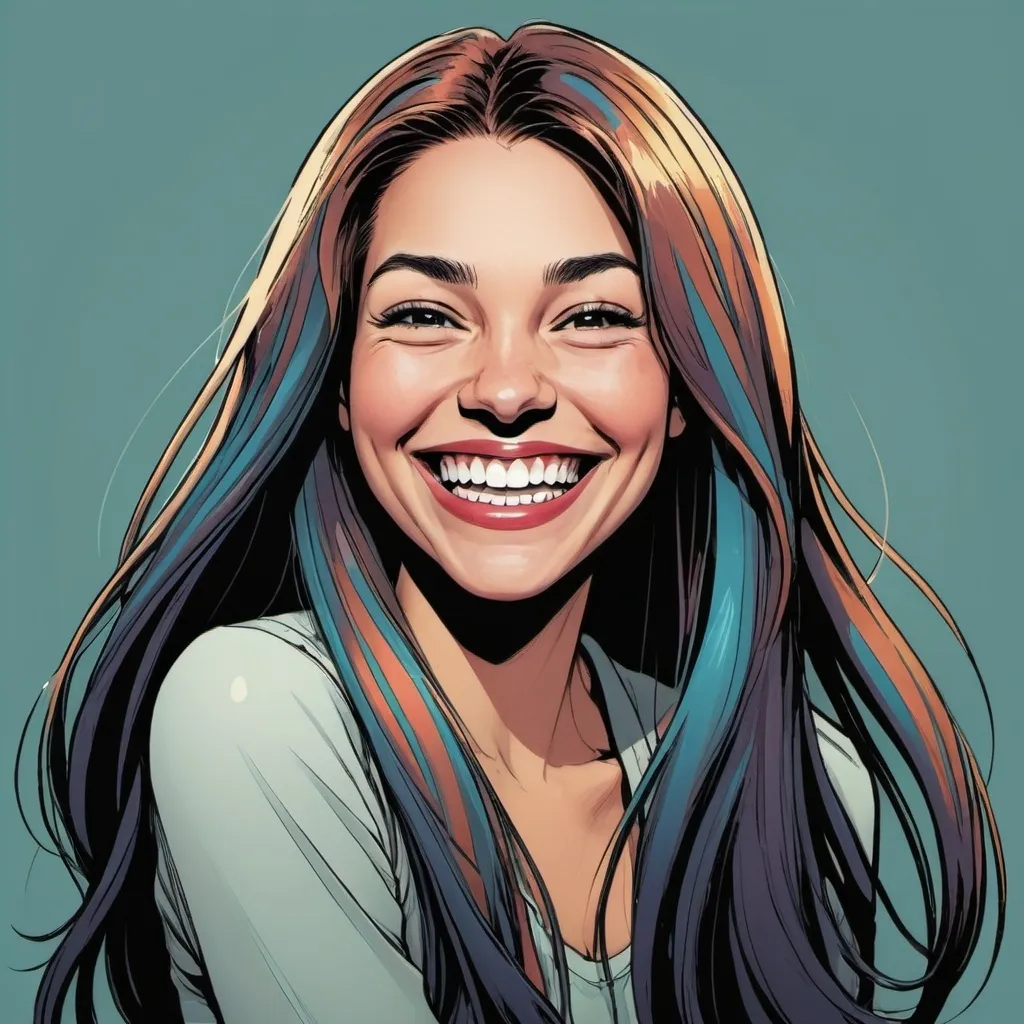 Prompt: Graphic novel style, colored,  portrait of a woman with very big smile , long and extreme straight hair , hands