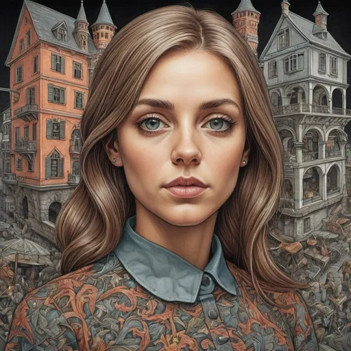 Prompt: M.c.escher style, colored,  she is 40 and so beautiful 