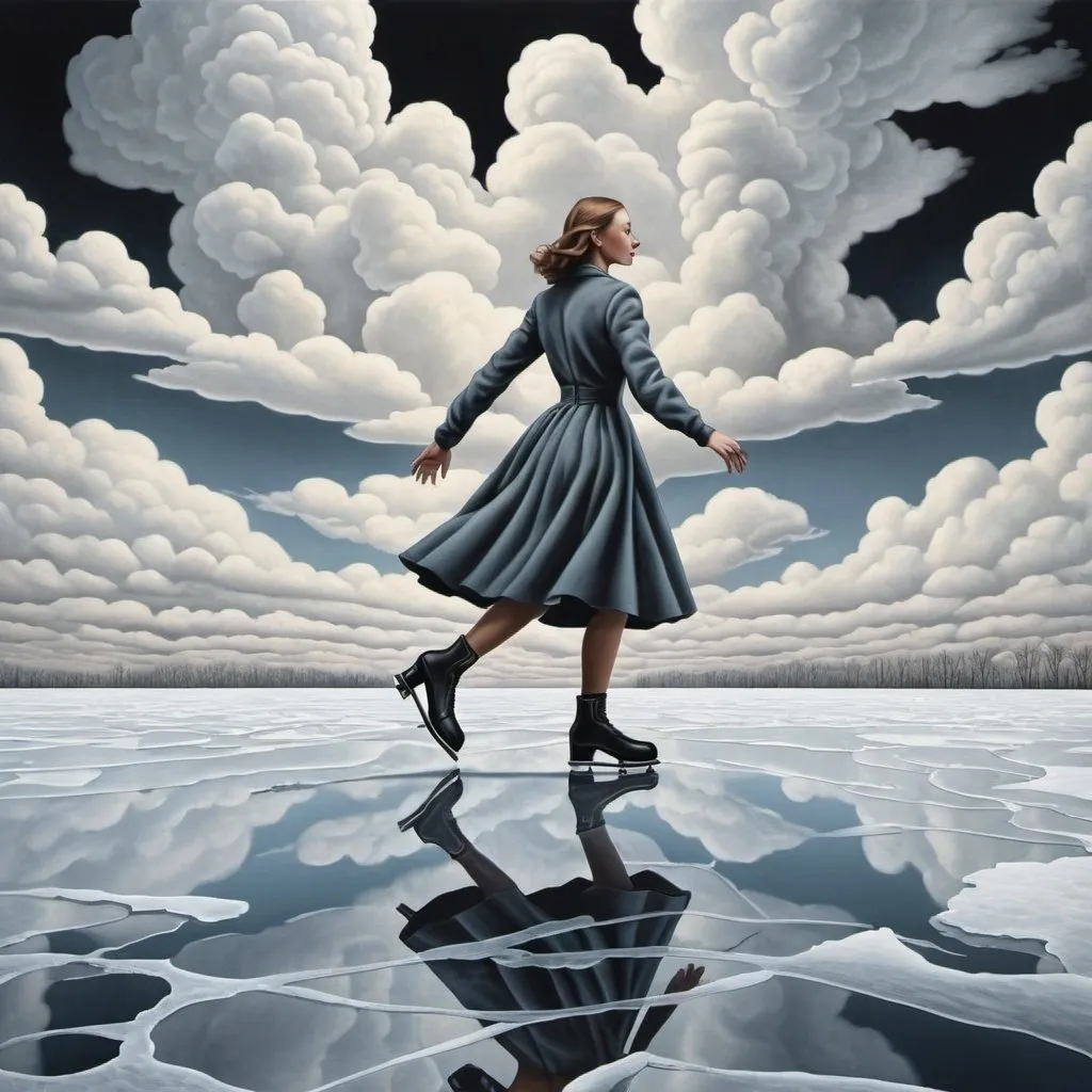 Prompt: M.c.escher Style , woman is iceskating away on the thin ice, clouds