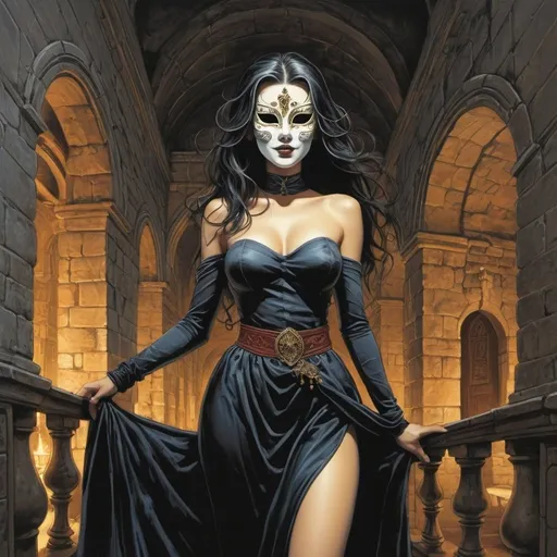 Prompt: graphic novel style, colored vector art style,  centered, a ghost-like woman wearing a venetian mask , standing in a castle hall at night ,  diabolic smile , long and extreme staight hair,  ancient venetian dress , symmetric face, black belt, belly button,  by George Cruikshank, by Dave McKean, by Bob Eggleton, by Kevin Eastman , by M.c.escher 
