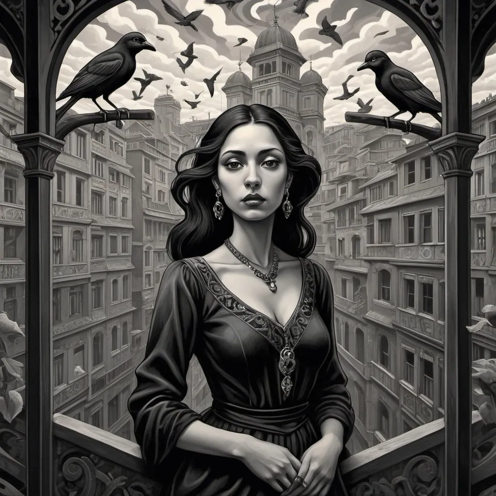 Prompt: style of M.c.escher, four stories high, birds , a peruvian woman , proud face expression,  art nouveau wallpaper, dark and stormy atmosphere, gothic woman posing