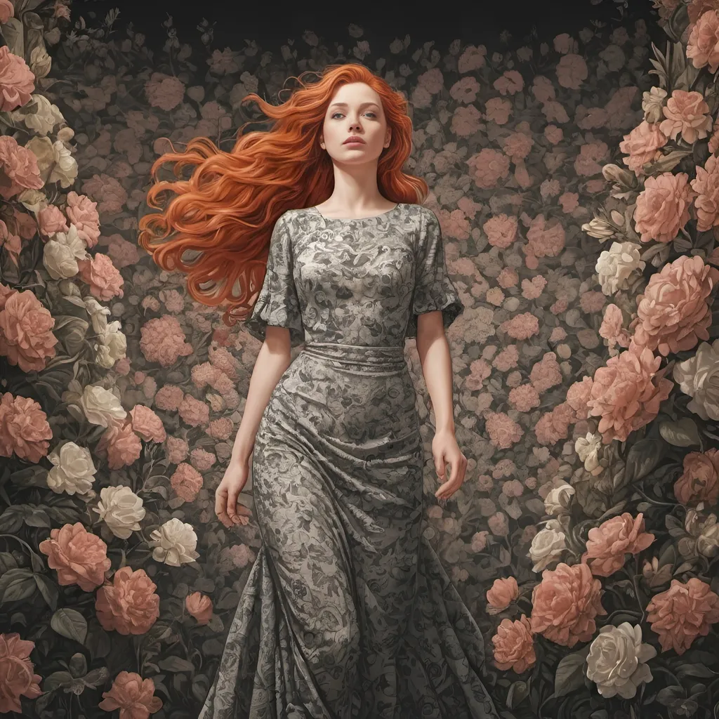 Prompt: Grapgic novel style , digital vector style,  A redheaded woman in a dress completely made of flowers ,posing on a stage , detailed,  M.c.escher 