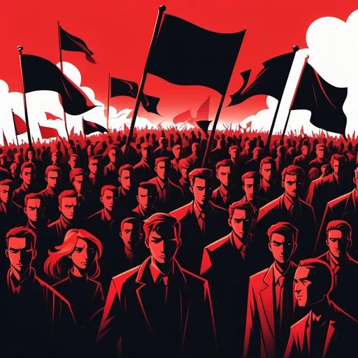 Prompt: A croud of people (men and women) start a Revolution with a black and red flag  , graphic novel illustration,  Vector Style 