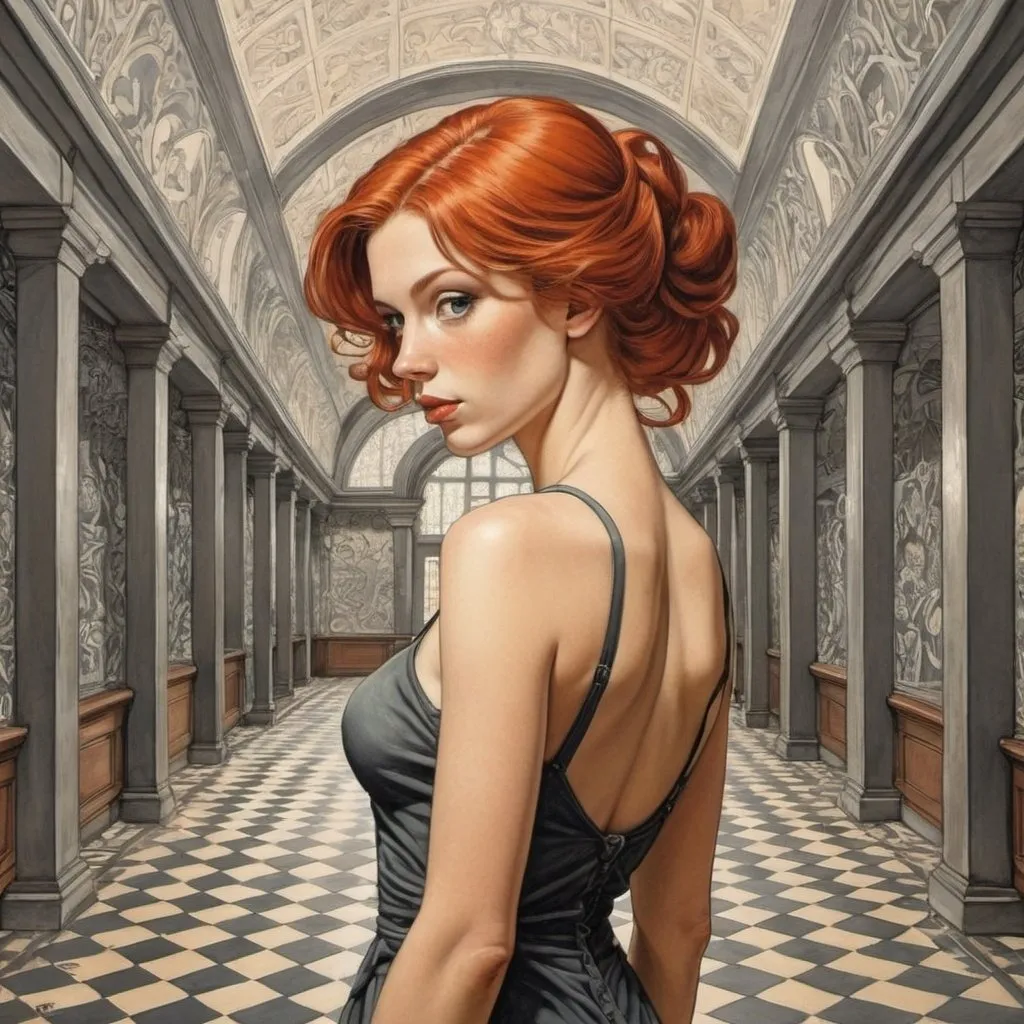 Prompt: M.c.Escher , a beautiful redheaded woman in hall, in the style of milo manara 