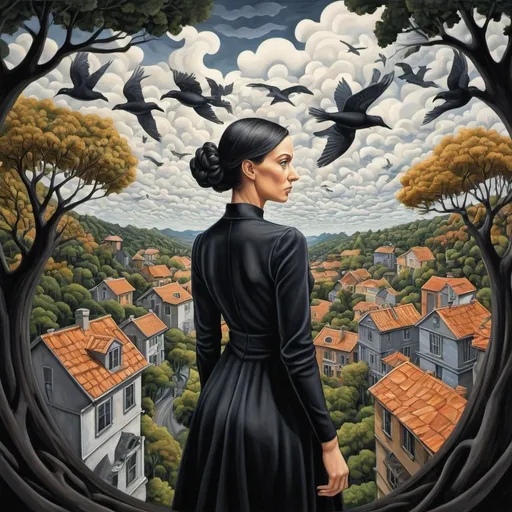 Prompt: Colored oil painting of a 35-year-old woman in M.C. Escher style, black lacd dress , detailed vector art , trees , birds ,   heaven , clouds ,  houses , highres, detailed, M.C. Escher style  , vector art, detailed, colored, heaven, detailed
