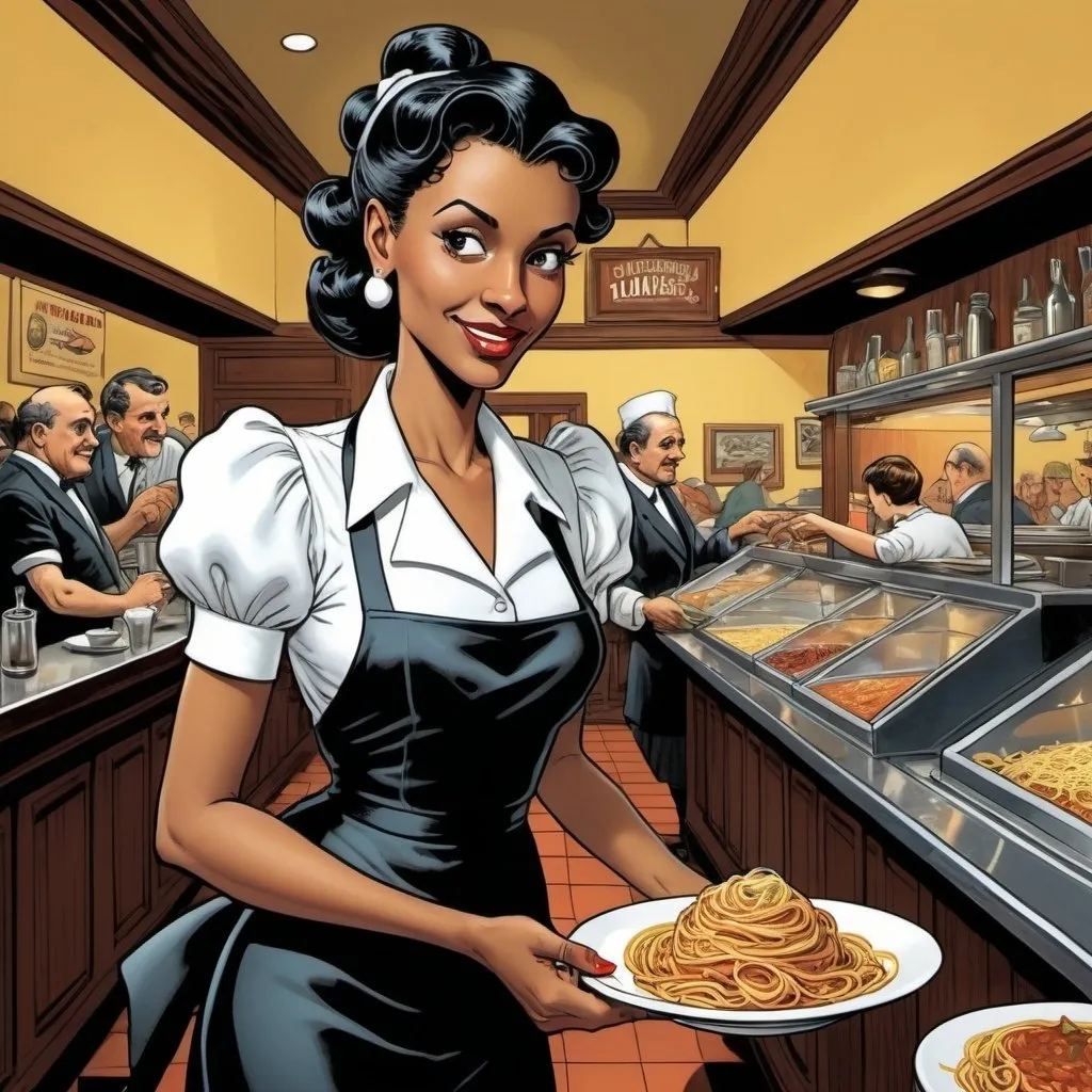 Prompt: Will eisner style , graphic novel style,  colored  , A beautiful waitress Serving spaghetti , long nose , black waitress dress , 40-years-old , italian Restaurant , M.c.escher style, will eisner style 