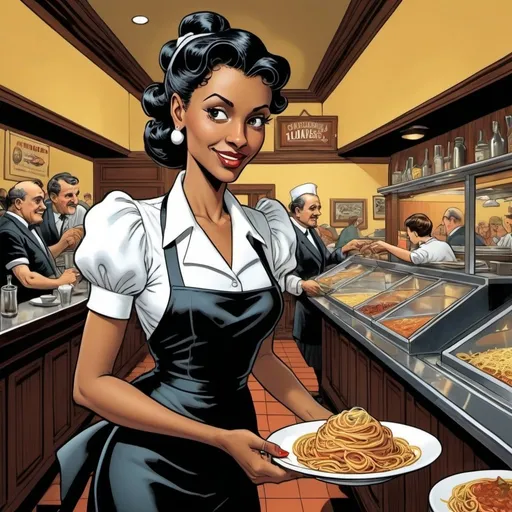 Prompt: Will eisner style , graphic novel style,  colored  , A beautiful waitress Serving spaghetti , long nose , black waitress dress , 40-years-old , italian Restaurant , M.c.escher style, will eisner style 