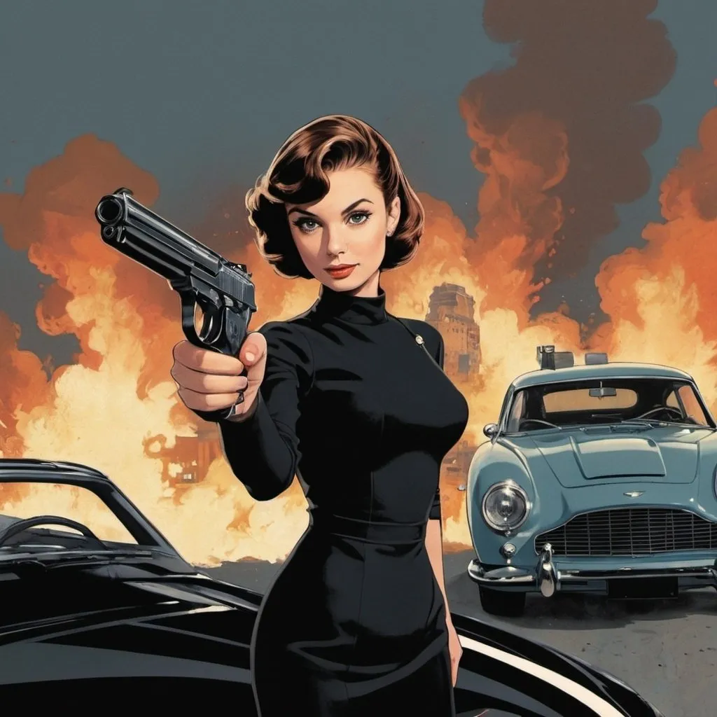 Prompt:  Will eisner style,  james-bond-like movie poster, color, a female James bond in james-bond-pose wirh gun , long hair with undercut, 
 face of audrey Hepburn,  explosion in background , aston Martin,   graphic novel style,  vector art.  M.c.escher inspired 