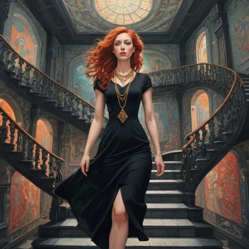 Prompt: Colored M.C. Escher-style illustration of a 28-year-old redheaded woman in a black dress, walking directly towards the camera, intricate necklace, surreal room with stairs leading to the sky, detailed and optical illusion-like, vibrant colors, high quality, Escher-style, surreal, detailed red hair, elegant attire, intricate staircase, surreal room, vibrant colors, professional lighting