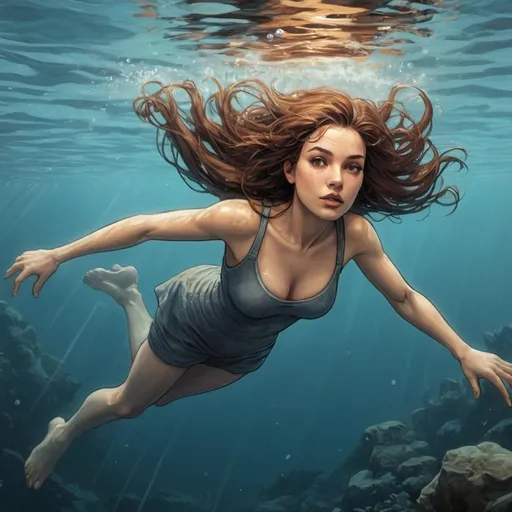 Prompt: Graphic novel style, vector art, Will Eisner style, underwater scene, 40-years-old woman diving, long straight hair