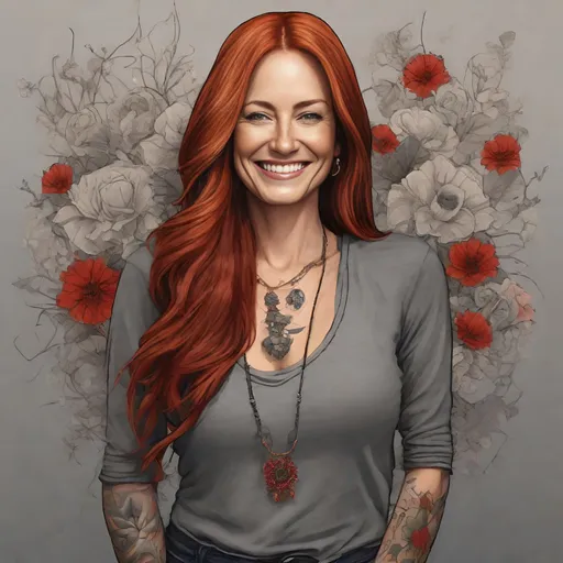 Prompt: Very beautiful 35-year-old thin Lady, long and  extreme  straight red hair, simple grey garment, standing, lots of Frackes, neclace , flowers, neclace, earrings, smiling, tattoo , belly button,   Looking to Camera ,Warm lighting neutral backdrop