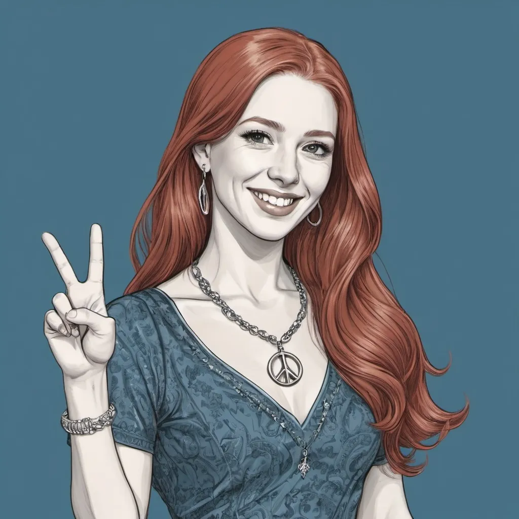 Prompt: Grapgic novel style , digital vector style, colored,  A redheaded woman in a dress showing thumb up with thumb of left hand,  smiling ,   long and extreme straight hair ,  neclace with peace-symbol , monochrome blue background , detailed 