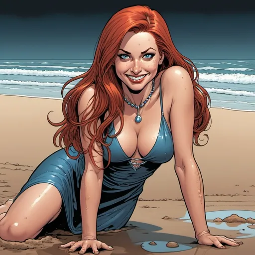 Prompt: graphic novel, will eisner style, vector style, natural female lady with long and extreme straight red hair, very diabolic smile , alluring face exptession , neclace , blue eyes, 45 years , wearing drenched swimm-dress , crawling on all fours in the sand,  looking back, rainning, drenched body and hair, full body view, night scene , dark scenario