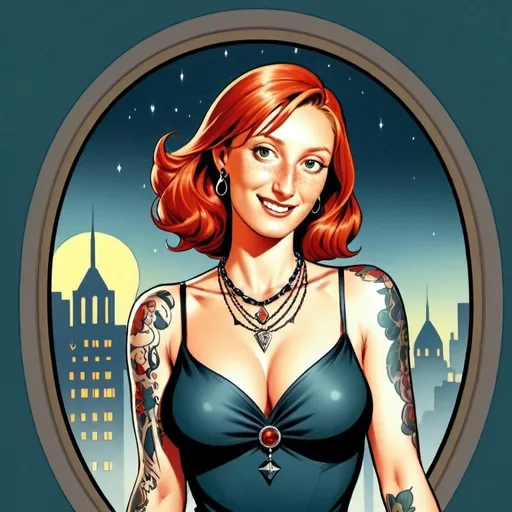 Prompt: vector stlye , female redheaded woman  looking to camera , neclace , red lips ,  long eyelashes , tattoo , closed eyes , window , night , moon , stars , city , 