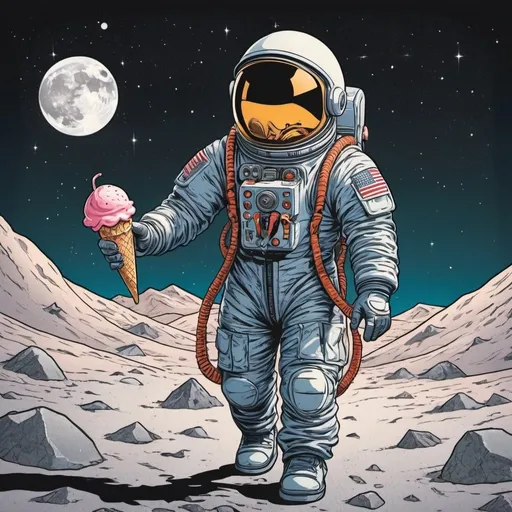 Prompt: Will eisner style , Graphic novel style vector illustration of a spaceman on surface of the moon , night , black space with stars in background, holding an ice cream in hand , vibrant colors, comic book style, astronaut suit with intricate details, retro-futuristic, high-res, detailed spacesuit, lunar surface, cosmic backdrop, vibrant colors, graphic novel, vector style, detailed astronaut suit, retro-futuristic, moon setting, ice cream, cosmic theme