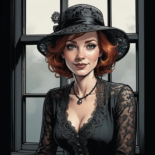 Prompt: illustration of a 45-year-old redhead woman, short hair , sitting behind a window, long hair, lace dress , lace jacket,  hat, neclace, diobolic smile, Long nose, Dark eye shadows (black Color), full Body, graphic novel, detailed facial features, high contrast, vintage comic style, dark and moody colors, detailed lace, professional, expressive eyes, atmospheric lighting,  detailed, dark colors, dramatic, graphic novel illustration,  2d shaded retro comic book