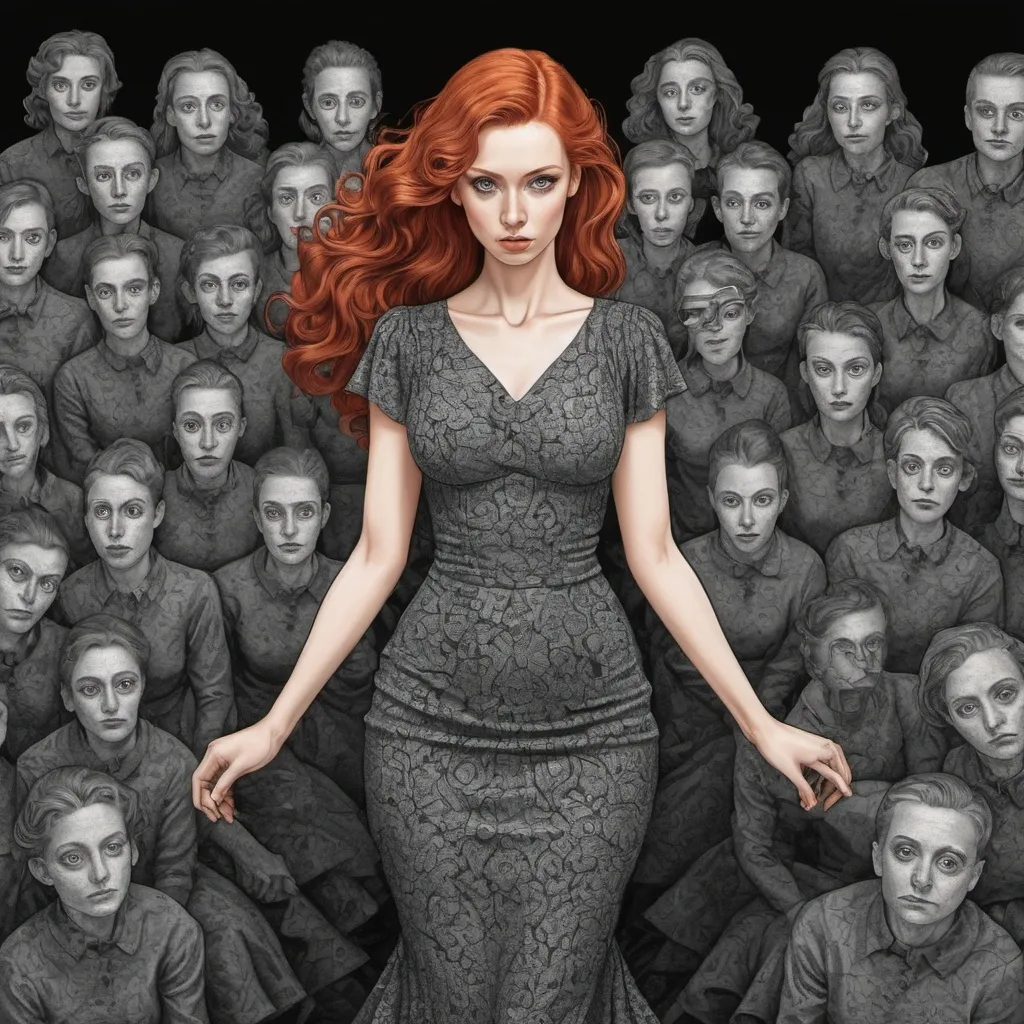 Prompt: Grapgic novel style , digital vector style,  A redheaded woman in a dress completely made of eyes ,posing on a stage , detailed,  M.c.escher 